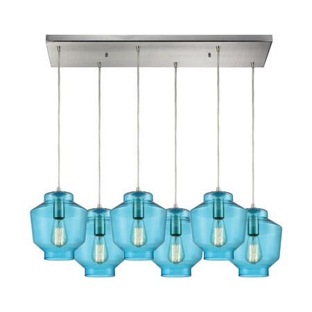 Elk Lighting Barrel 6-Lght Rectangular Pndnt in Satin Nckl w/Aqua Blown Glass 10915/6RC